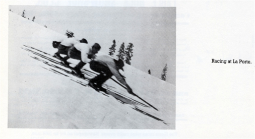 Circa 1865 - Photo of Downhill racers at La Porte, Calif., using low crouch and single pole circa 1865