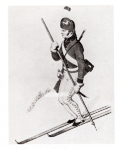 1747 - Norwegian Soldier with one long ski and one short, and with one pole