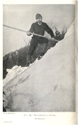 Circa 1900 - Photograph of Mathias Zdarsky on his skis with alpenstock.