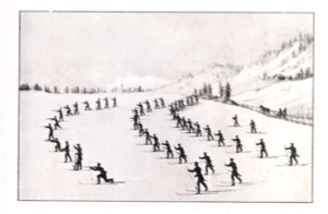 1820 - Illustration showing military exercises on skis, soldiers using a single pole, for propulsion and to steady their aim